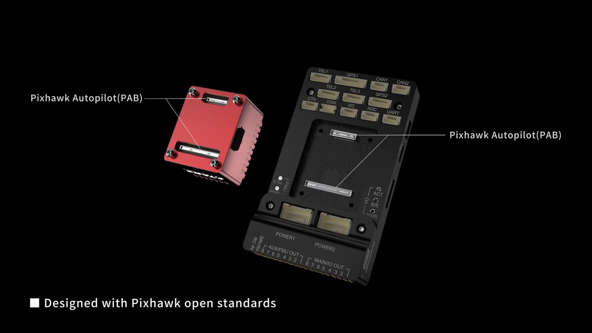 YARI V6X flight controller exploded assembly with CNC aluminum enclosure, IMU board, FMU board and carrier board