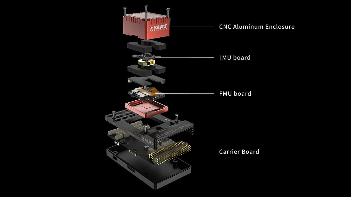 YARI V6X flight controller exploded assembly with CNC aluminum enclosure, IMU board, FMU board and carrier board